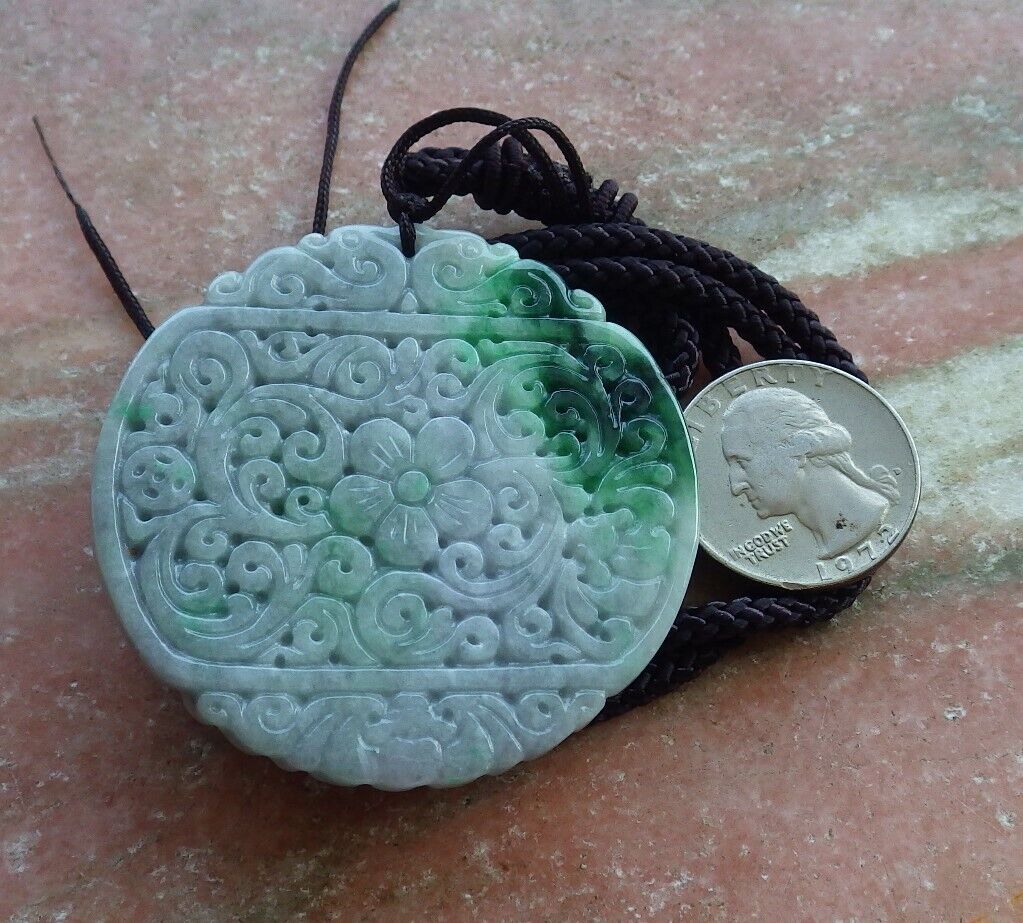 Certified Green Pale Lavender 100% Natural A Jade jadeite Pendant Bat Dragon Flower Coin Ruyi * Fu * Necklace 龙蝙蝠花牌 529263 TN