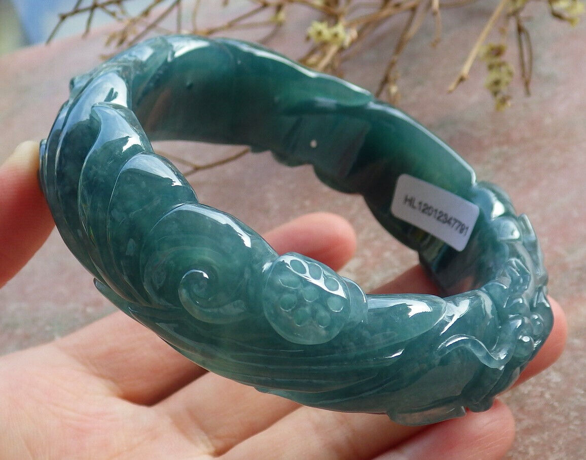 Certified Icy Blue Water Green Burma 100% Natural A JADE Jadeite Dragon Bangle Bracelet 60 mm 手镯 635086 AS