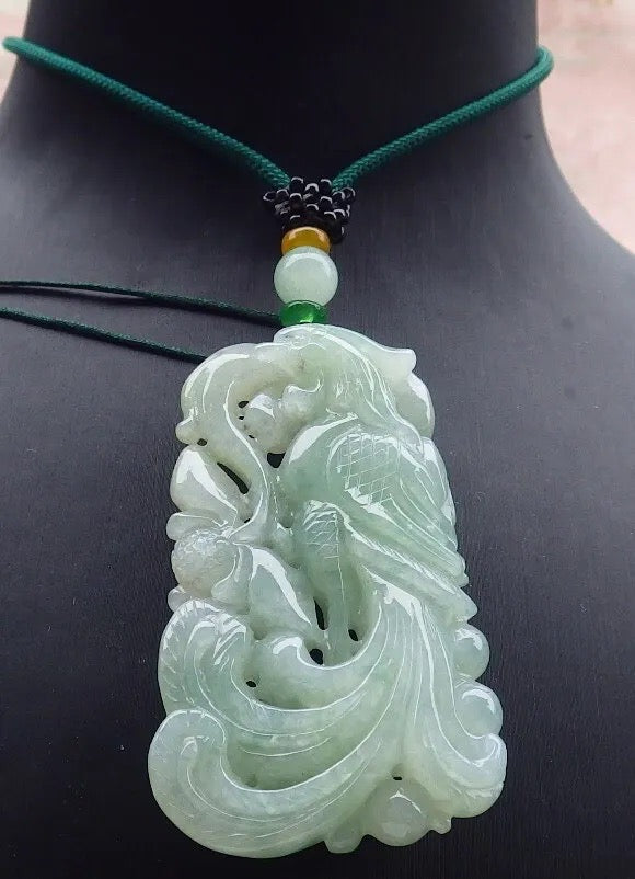 Certified Green Burma 100% Natural A Jade jadeite Pendant Phoenix Lotus Flower Necklace 凤凰 636743 TN