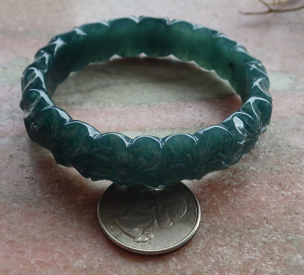 Certified Icy Blue Water Green Burma 100% Natural A JADE Jadeite Flower Bangle Bracelet 55 mm 635396 AS