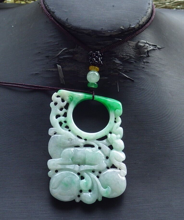 Certified Green Burma 100% Natural A Jade jadeite Pendant Deer Bat Peach Peach Necklace 梅花鹿 574040 TN