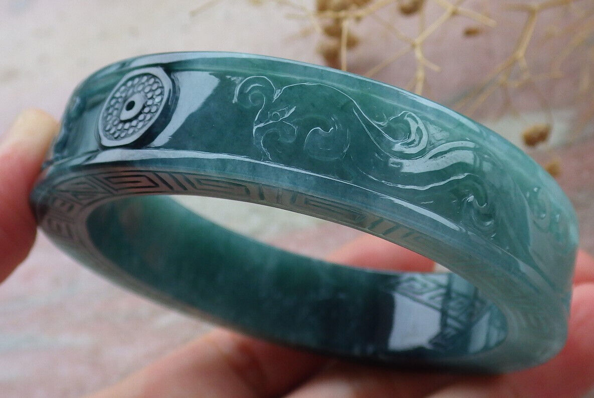 Certified Icy Green Burma 100% Natural A JADE Jadeite Dragon Phoenix Bangle Bracelet 58 mm 手镯 636336 TN