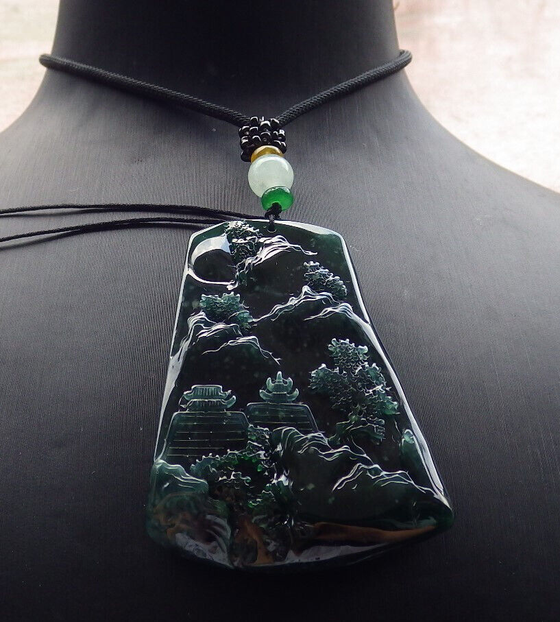 Certified Icy Blue Water Burma 100% Natural A Jade jadeite Pendant Landscape painting Tree Necklace 山水画 633943 TN