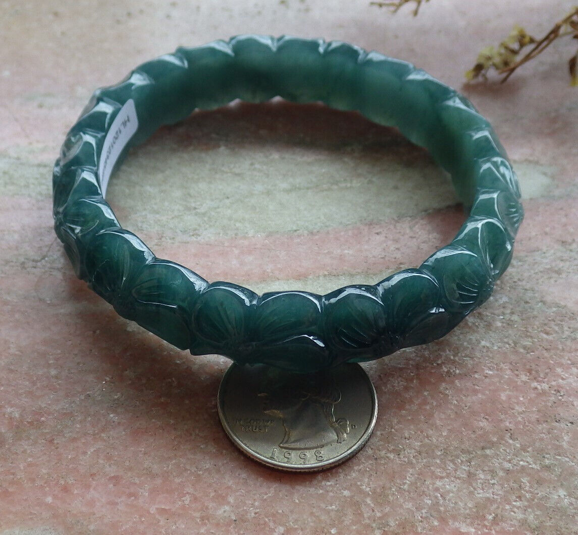 Certified Icy Blue Water Green Burma 100% Natural A JADE Jadeite Flower Bangle Bracelet 64 mm 635331 TN