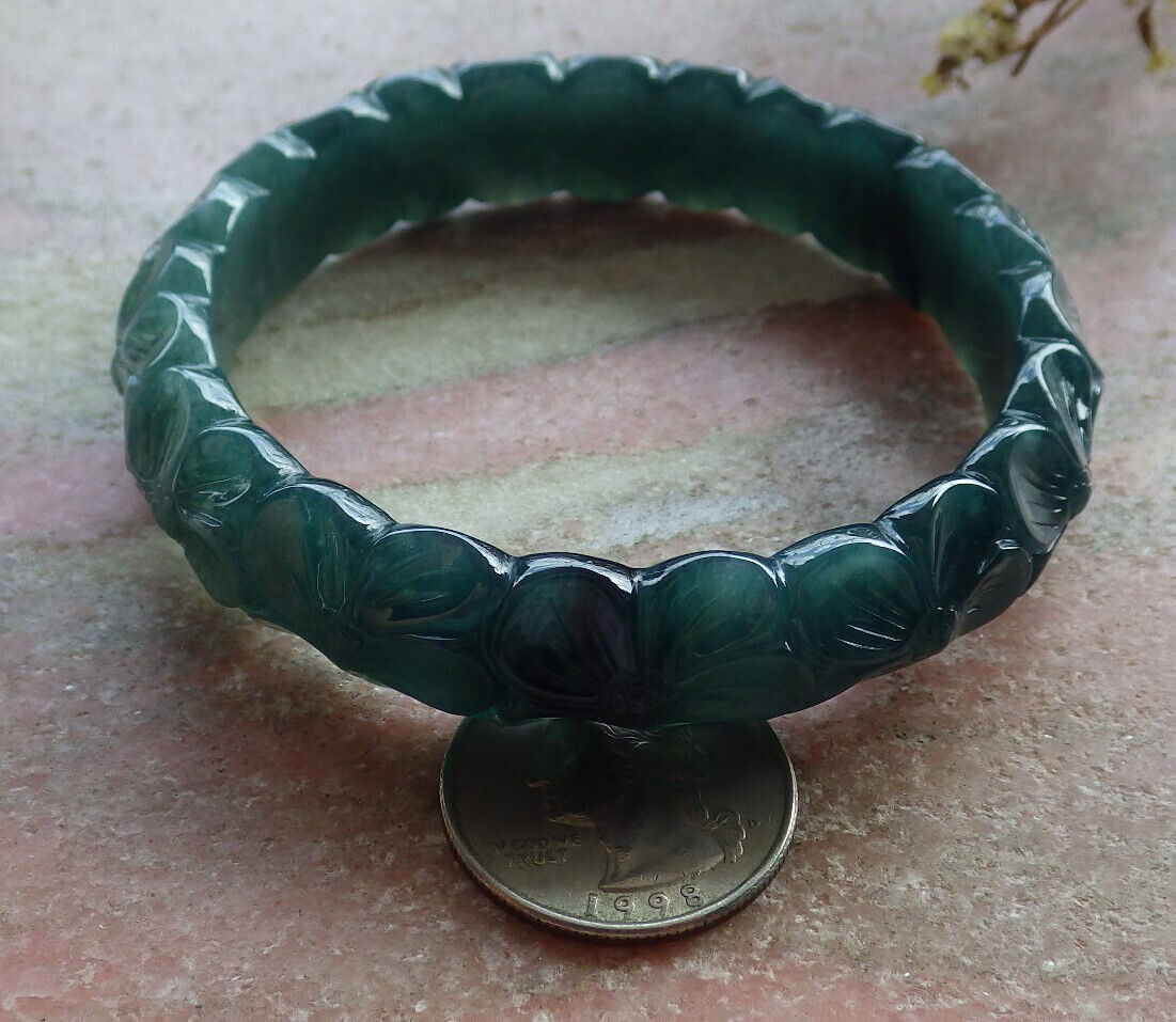 Certified Icy Blue Water Green Burma 100% Natural A JADE Jadeite Flower Bangle Bracelet 62 mm 635320 TN