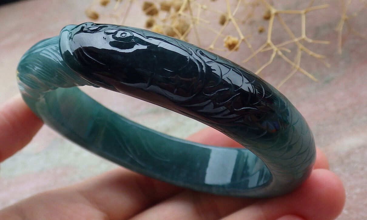 Certified Icy Green Burma 100% Natural A JADE Jadeite Fish Bangle Bracelet 60 mm 手镯 636582 TN