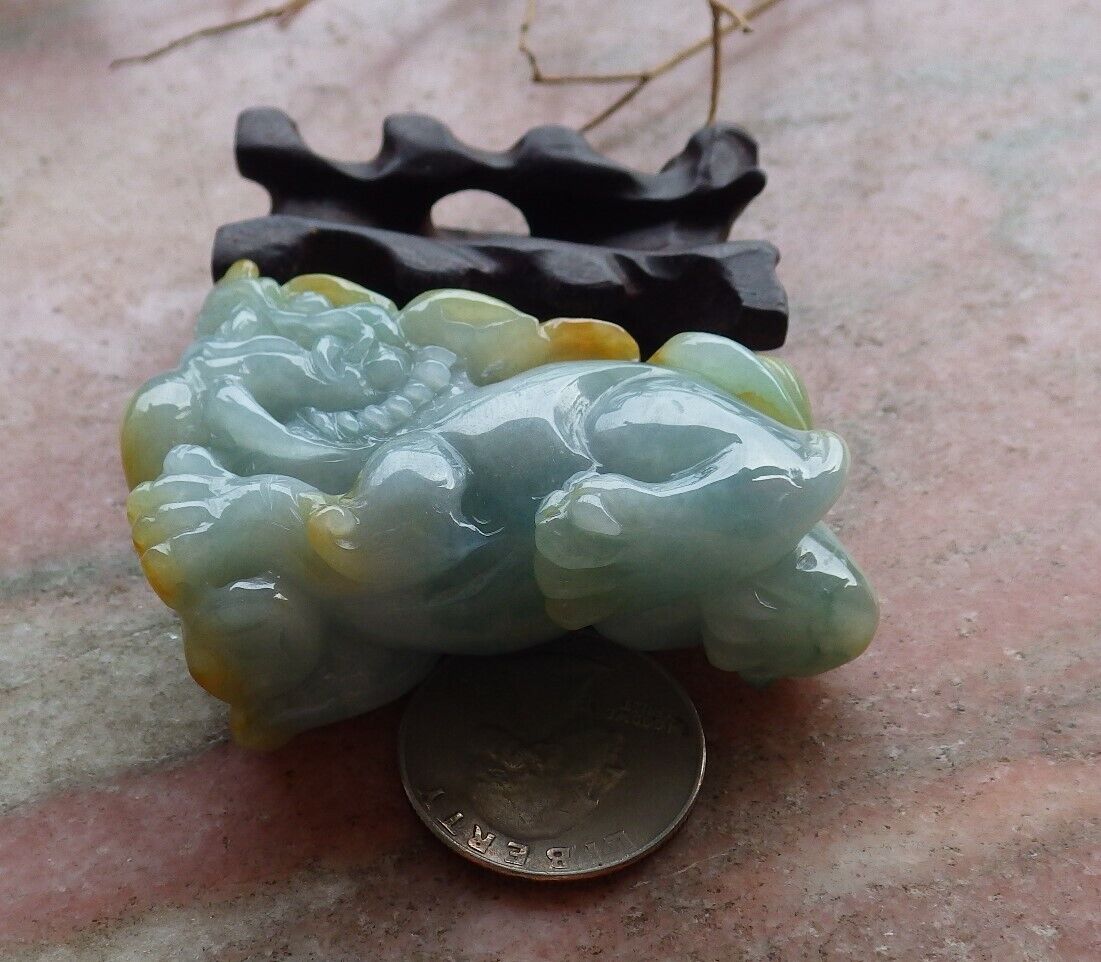 Certified Yellow Green Burma 100% Natural A Jade jadeite Display Dragon Pi Xiu Money Coin Lotus Flower Ruyi 风水貔貅 498174 TN