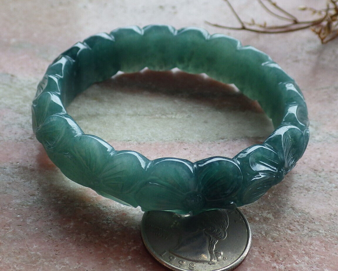 Certified Icy Green Burma 100% Natural A JADE Jadeite Flower Bangle Bracelet 55 mm 635451 AS