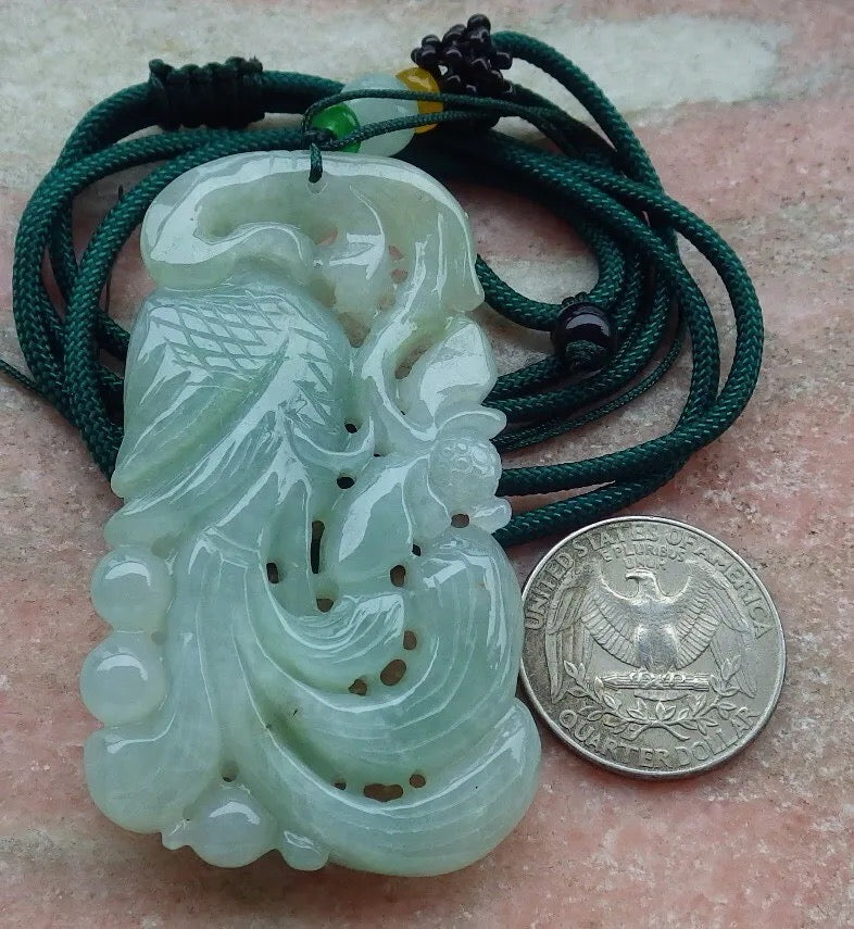 Certified Green Burma 100% Natural A Jade jadeite Pendant Phoenix Lotus Flower Necklace 凤凰 636743 TN