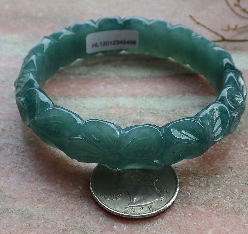 Certified Icy Green Burma 100% Natural A JADE Jadeite Flower Bangle Bracelet 58 mm 635488 TN