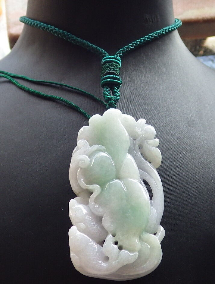 Certified Green Pale Lavender Burma 100% Natural A Jade jadeite Pendant Fish Lotus Flower Leaf Necklace 年年有余 646744 TN