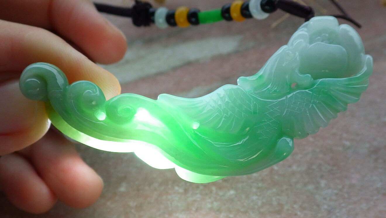 Certified Green Burma 100% Natural A Jade jadeite Pendant Phoenix Flower Ruyi Necklace 凤凰 636603 TN