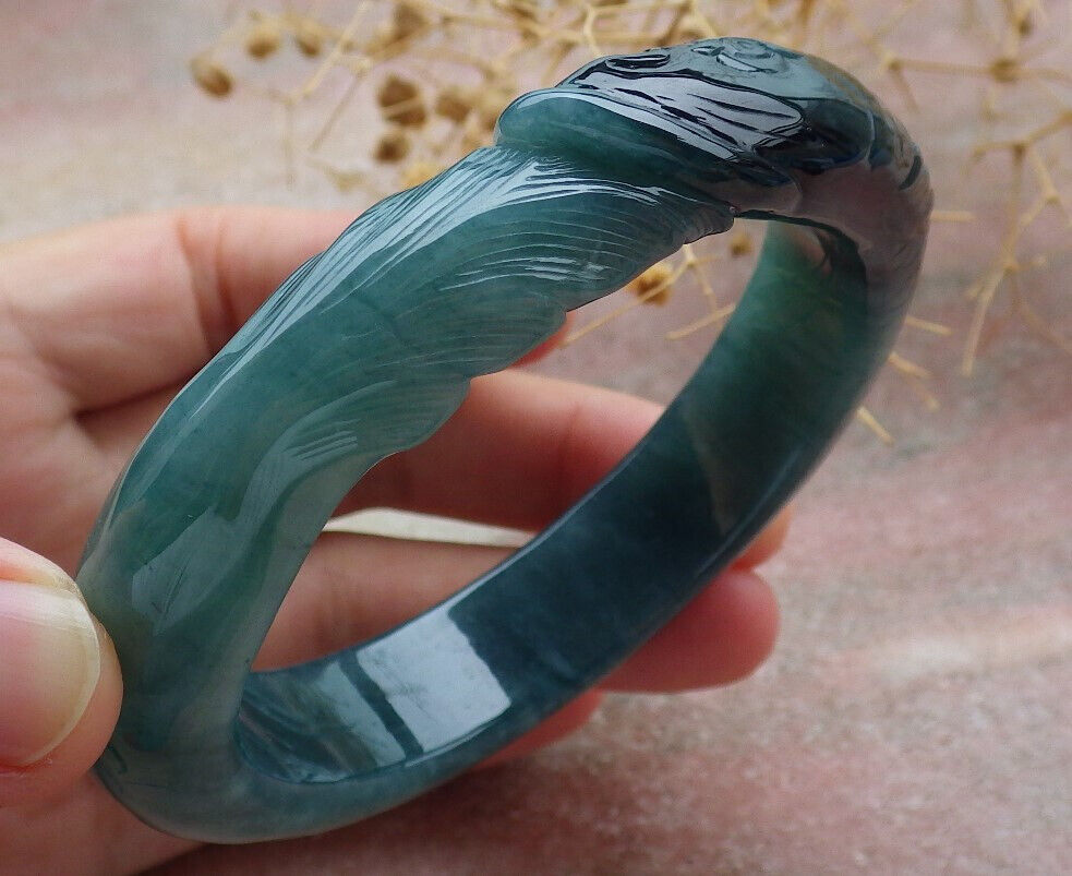 Certified Icy Green Burma 100% Natural A JADE Jadeite Fish Bangle Bracelet 60 mm 手镯 636582 TN