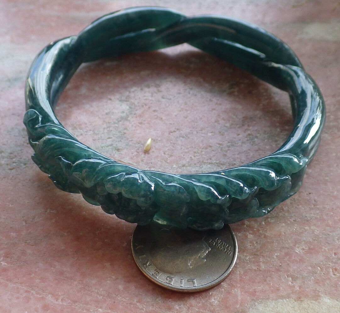 Certified Icy Green Burma 100% Natural A JADE Jadeite Flower Knotted Bangle Bracelet 64 mm 手镯 646718 TN