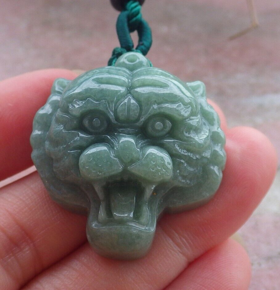 Certified Green Burma 100% Natural A Jade jadeite Pendant Tiger Head Necklace 虎虎生威 569997 TN