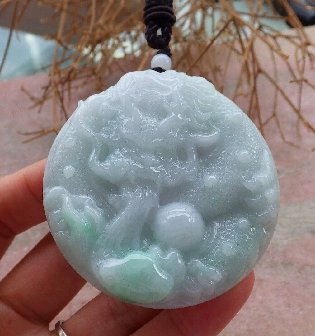 Certified Green 100% Natural A Jade jadeite pendant Dragon Lotus Flower Ruyi Bead Necklace 生意兴隆 520825 TN