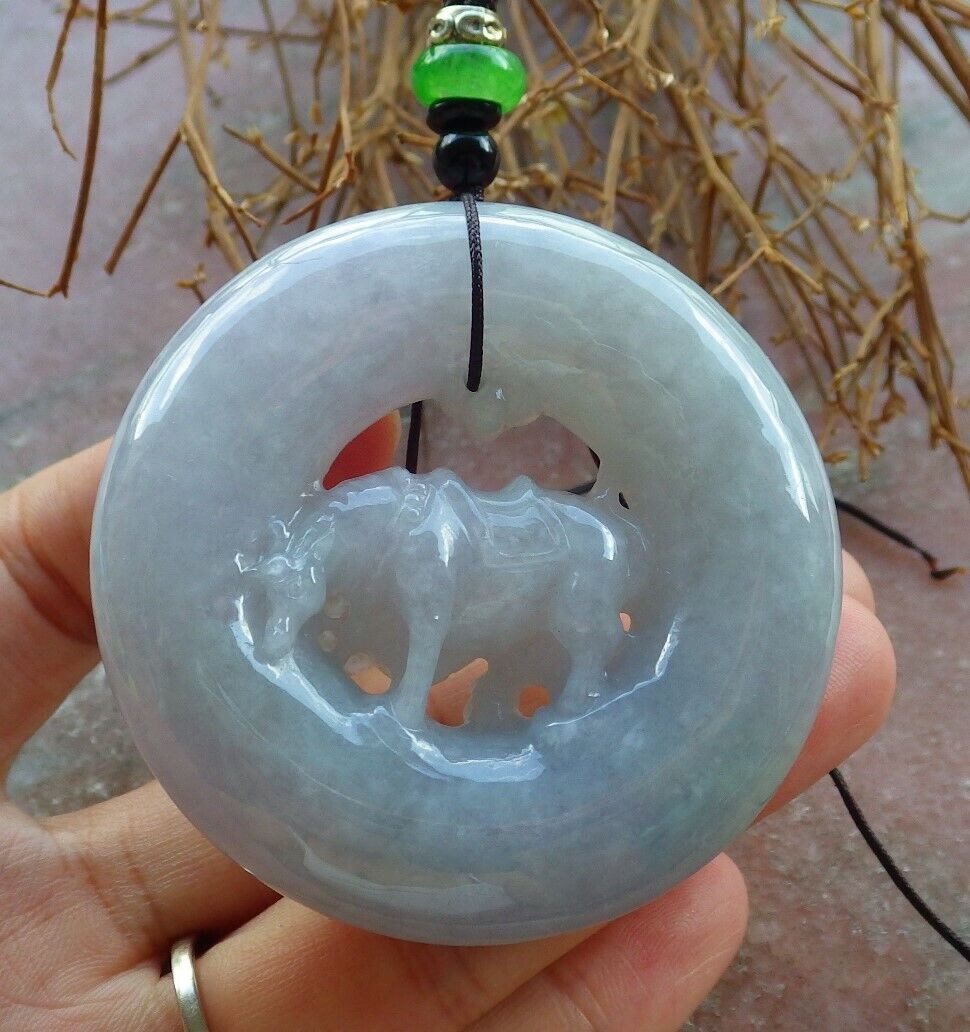 Certified Green Pale Lavender 100% Natural A Jade jadeite pendant Cow Ox Circle Necklace 风水牛 523719 TN