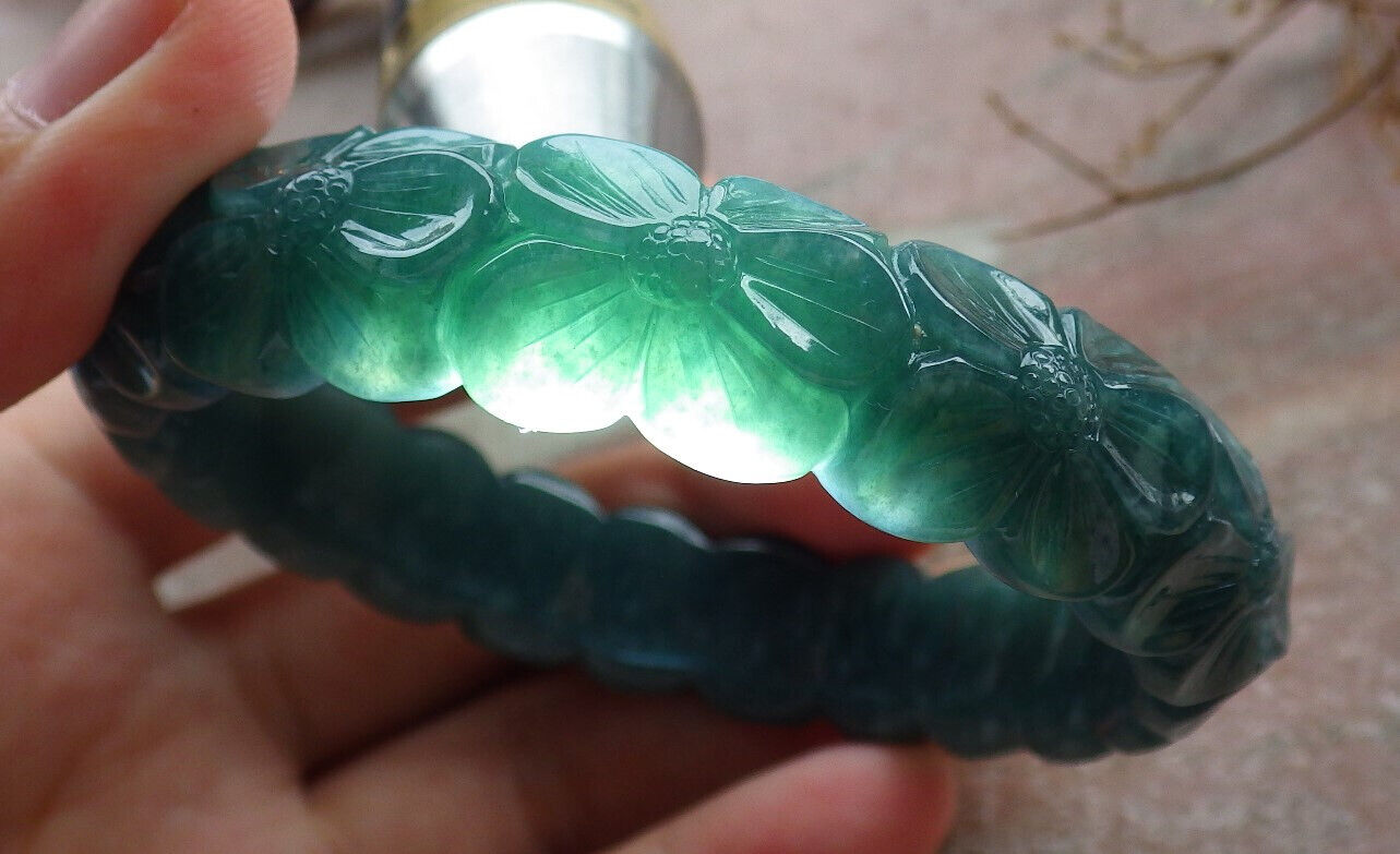 Certified Icy Green Burma 100% Natural A JADE Jadeite Flower Bangle Bracelet 60 mm 635415 AS