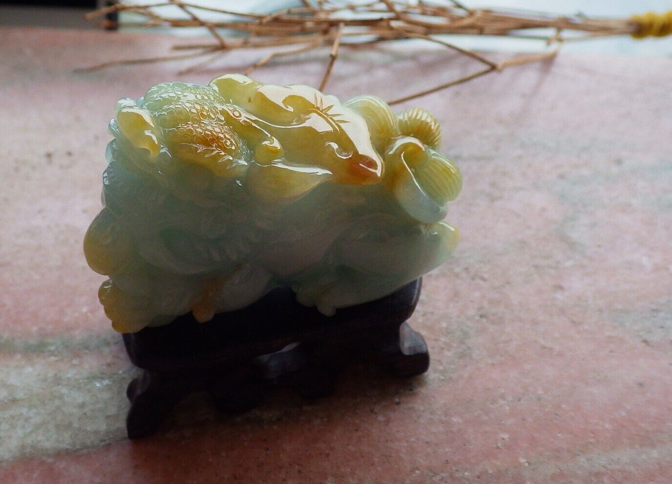 Certified Yellow Green Burma 100% Natural A Jade jadeite Display Dragon Pi Xiu Money Coin Lotus Flower Ruyi 风水貔貅 498174 TN