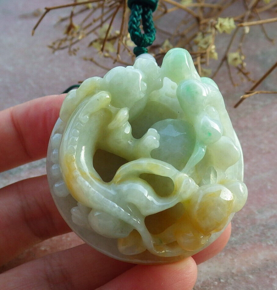 Certified Yellow Green Burma 100% Natural A Jade jadeite Pendant Dragon Pi Xiu Money Coin Ruyi Necklace 风水貔貅 634127 TN