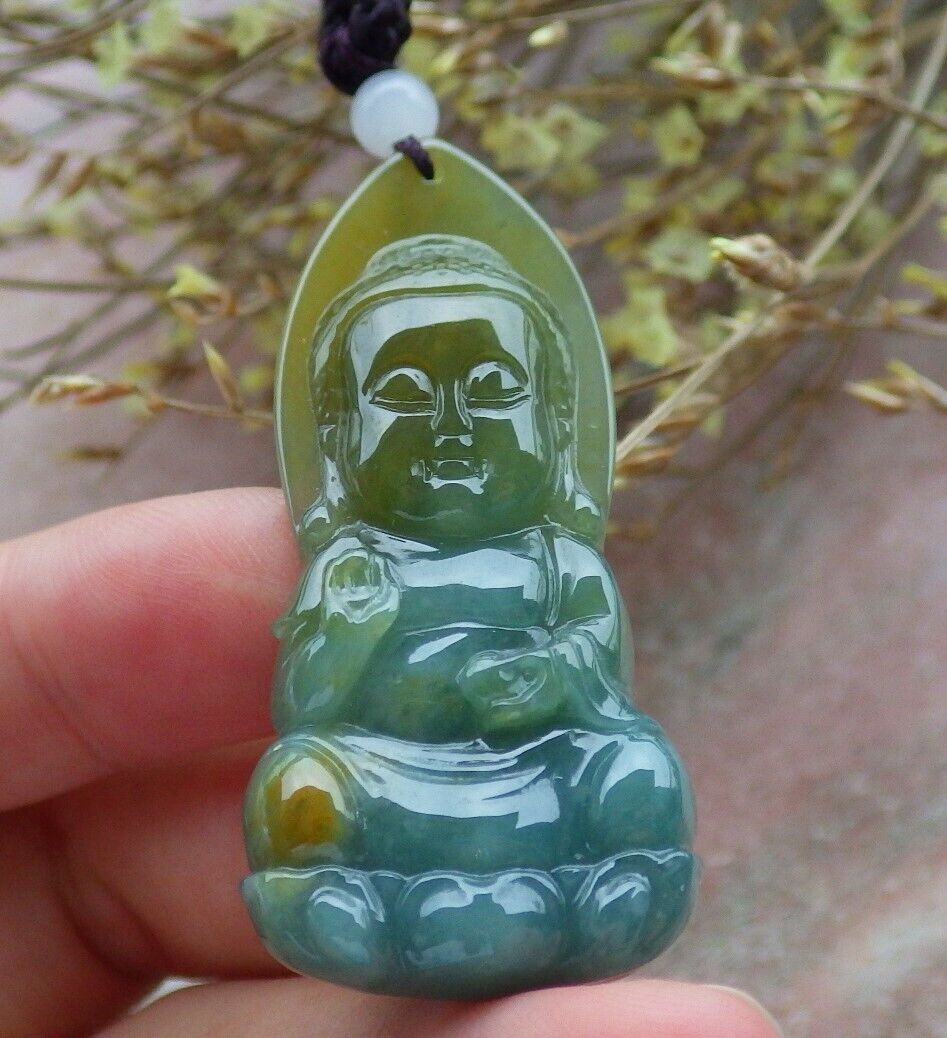 Certified Icy Yellow Green Burma 100% Natural A Jade jadeite Pendant Sakyamuni Buddha God Necklace 释迦牟尼佛 575058 TN