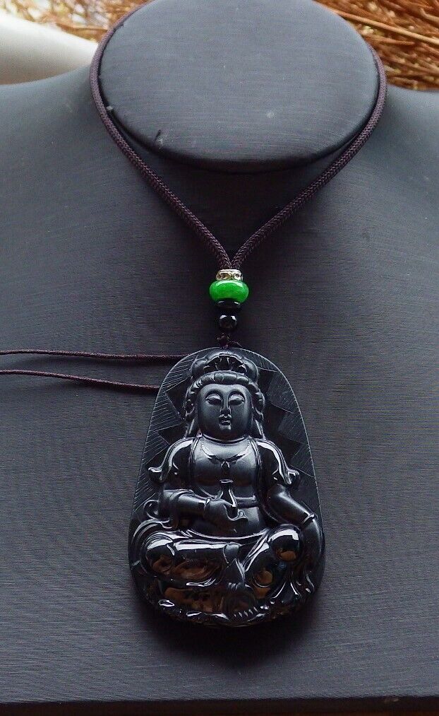 Certified Green Black 100% Natural A Jade jadeite pendant Guanyin Kwan Yin Lotus Flower Necklace 墨翠 观音 525096 TN