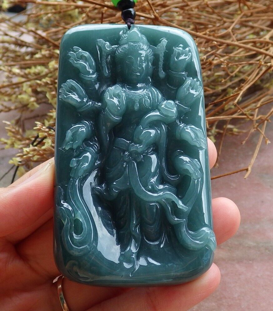 Certified Green Burma 100% Natural A Jade jadeite pendant 1000 Hand Guanyin Kwan Yin Necklace 观音 525088 TN