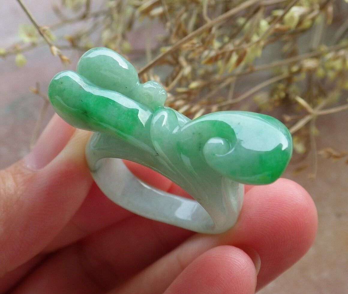 Certified Green Burma 100% Natural A JADE Jadeite Snails Ruyi RING USA. 10.25 花戒指 575124 TN