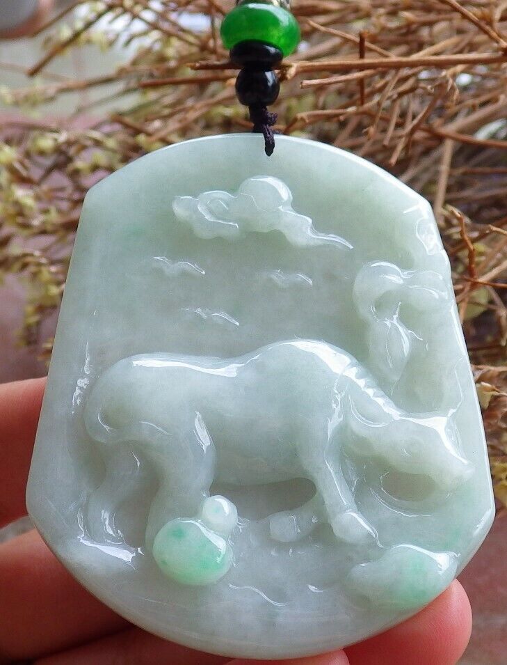 Certified Green Burma 100% Natural A Jade jadeite pendant Cow Ox Bead Necklace 风水牛 524673 TN