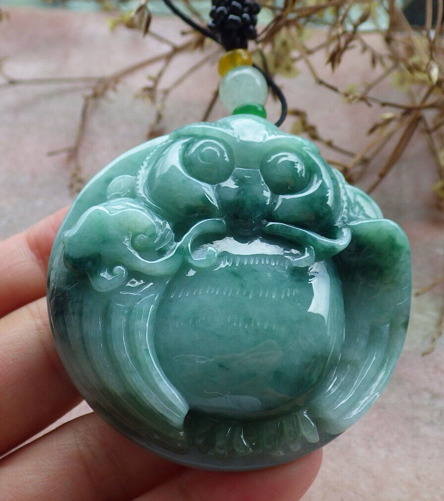 Certified Green Burma 100% Natural A Jade jadeite Pendant Owl Money Coin Ruyi Necklace 猫头鹰 632677 TN