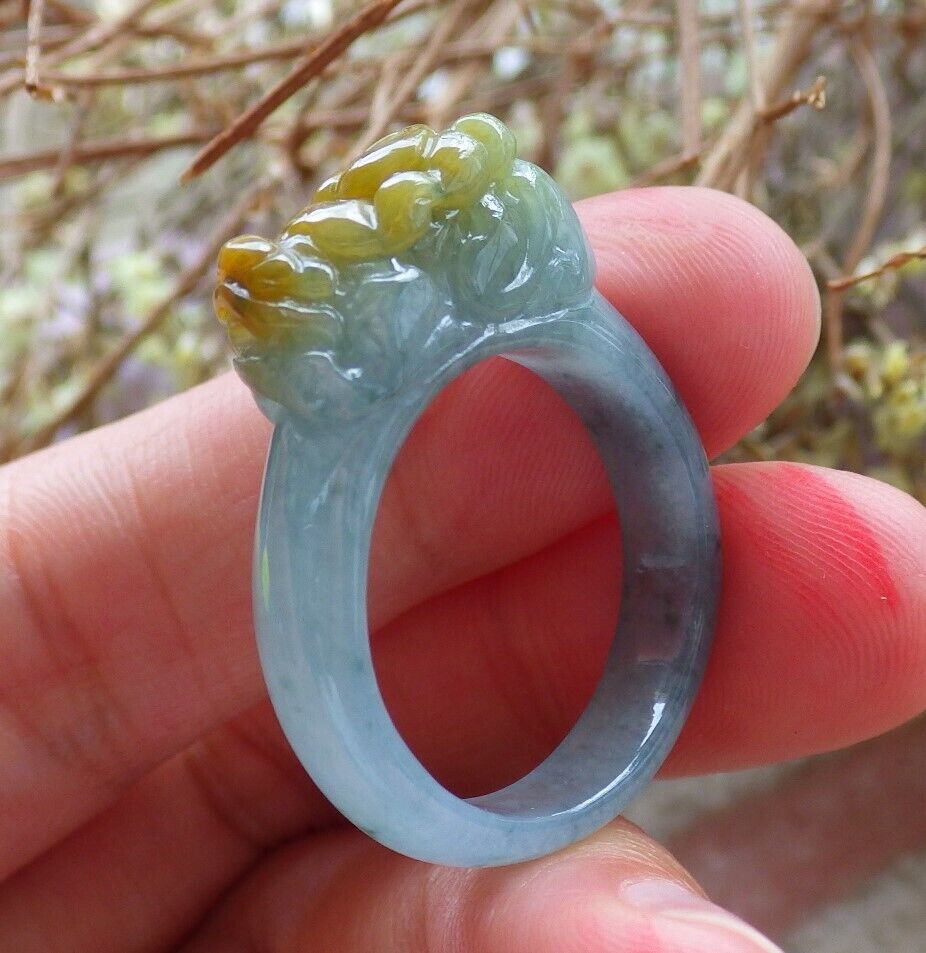 Certified Icy Yellow Green 100% Natural A JADE Jadeite Dragon Pi Xiu RING USA. 9.25 戒指 523838 TN