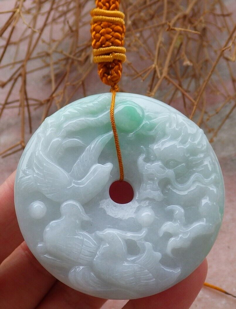 Certified Green 100% Natural A Jade jadeite pendant Mandarin Duck Dragon Phoenix 5 Bat Necklace 龙凤 519621 TN