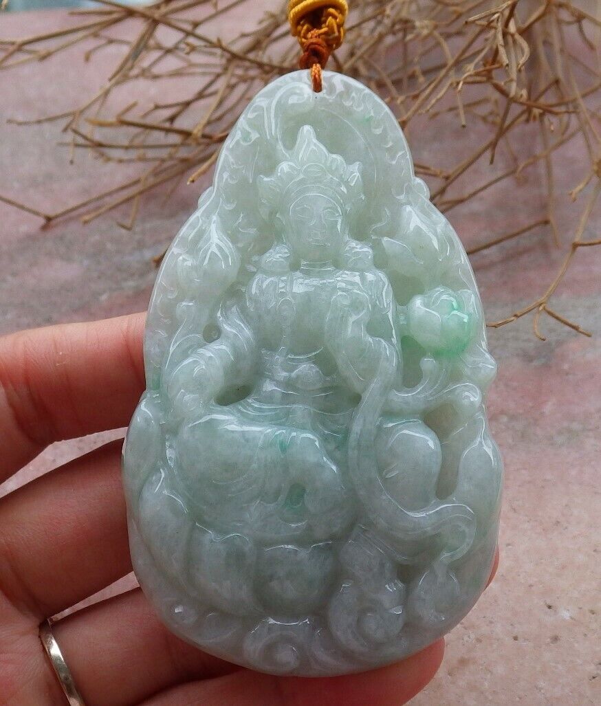 Certified Green 100% Natural A Jade jadeite pendant Guanyin Kwan Yin Lotus Flower Necklace 观音 519948 TN