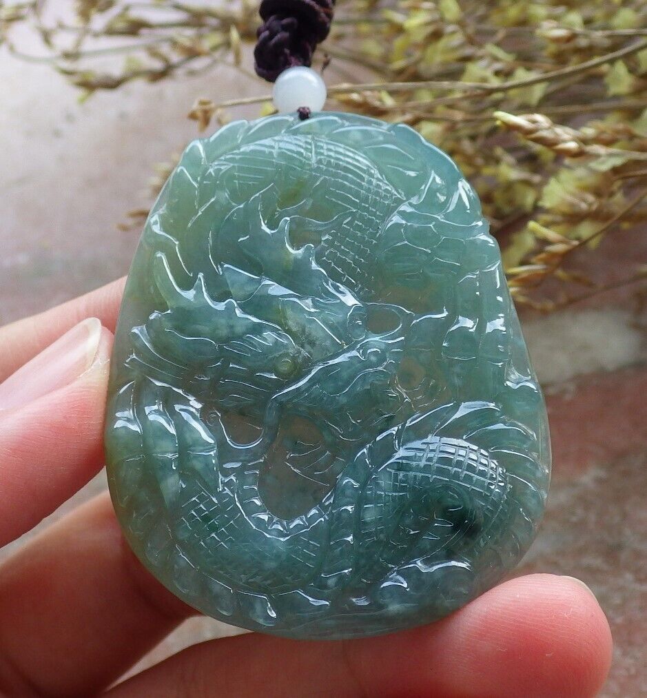 Certified Icy Green Burma 100% Natural A Jade jadeite Pendant Dragon Necklace 生意兴隆 574741 TN
