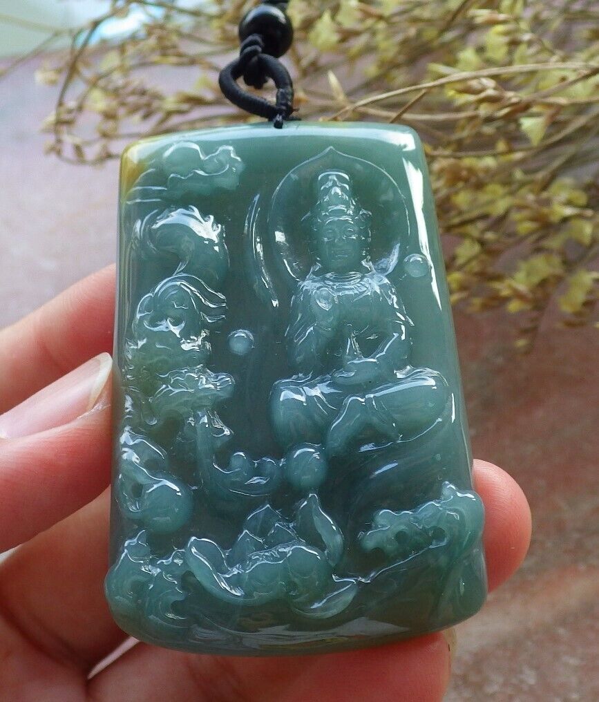 Certified Icy Green Yellow Burma 100% Natural A Jade jadeite Pendant Guanyin Kwan Yin Dragon Lotus Flower Necklace 观音 574801 TN