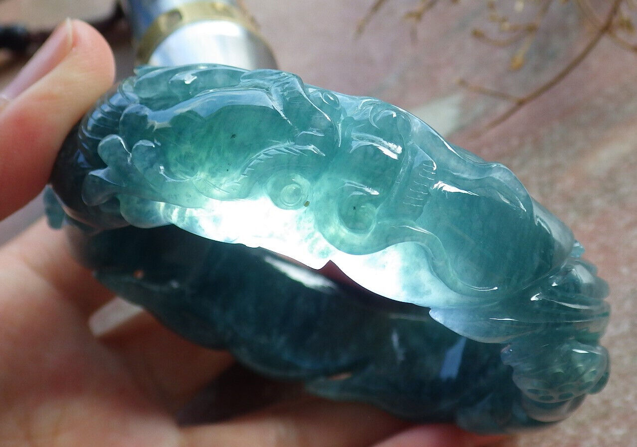 Certified Icy Blue Water Green Burma 100% Natural A JADE Jadeite Dragon Bangle Bracelet 60 mm 手镯 635086 AS