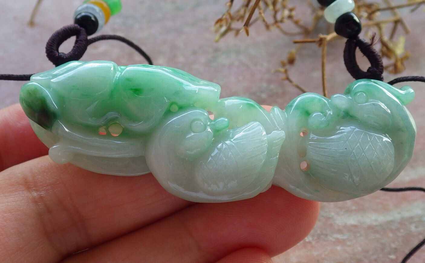 Certified Green Burma 100% Natural A Jade jadeite pendant Mandarin Duck Lotus Leaf Coin Necklace 634051 TN
