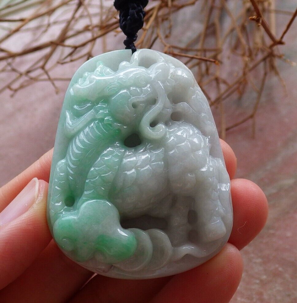 Certified Green 100% Natural A Jade jadeite pendant Dragon Kai Lun Ruyi Coin Necklace 龙 麒麟 525954 TN