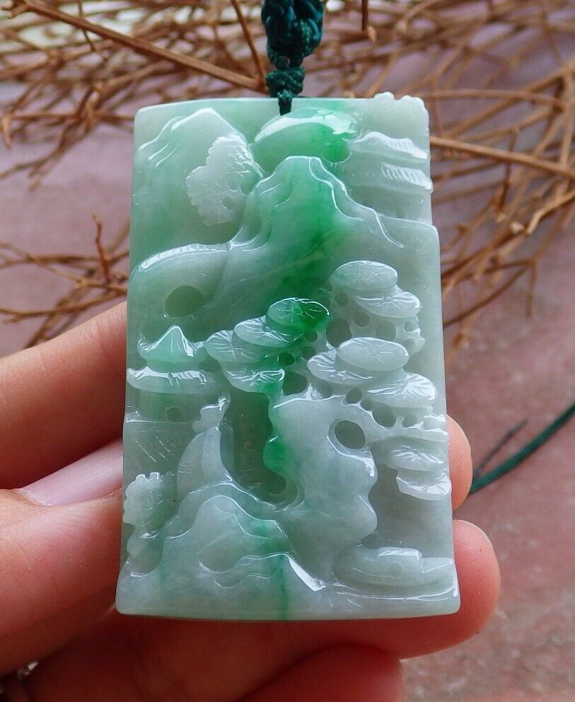 Certified Green Burma 100% Natural A Jade jadeite Landscape painting Tree Necklace Necklace 山水画 525505 TN