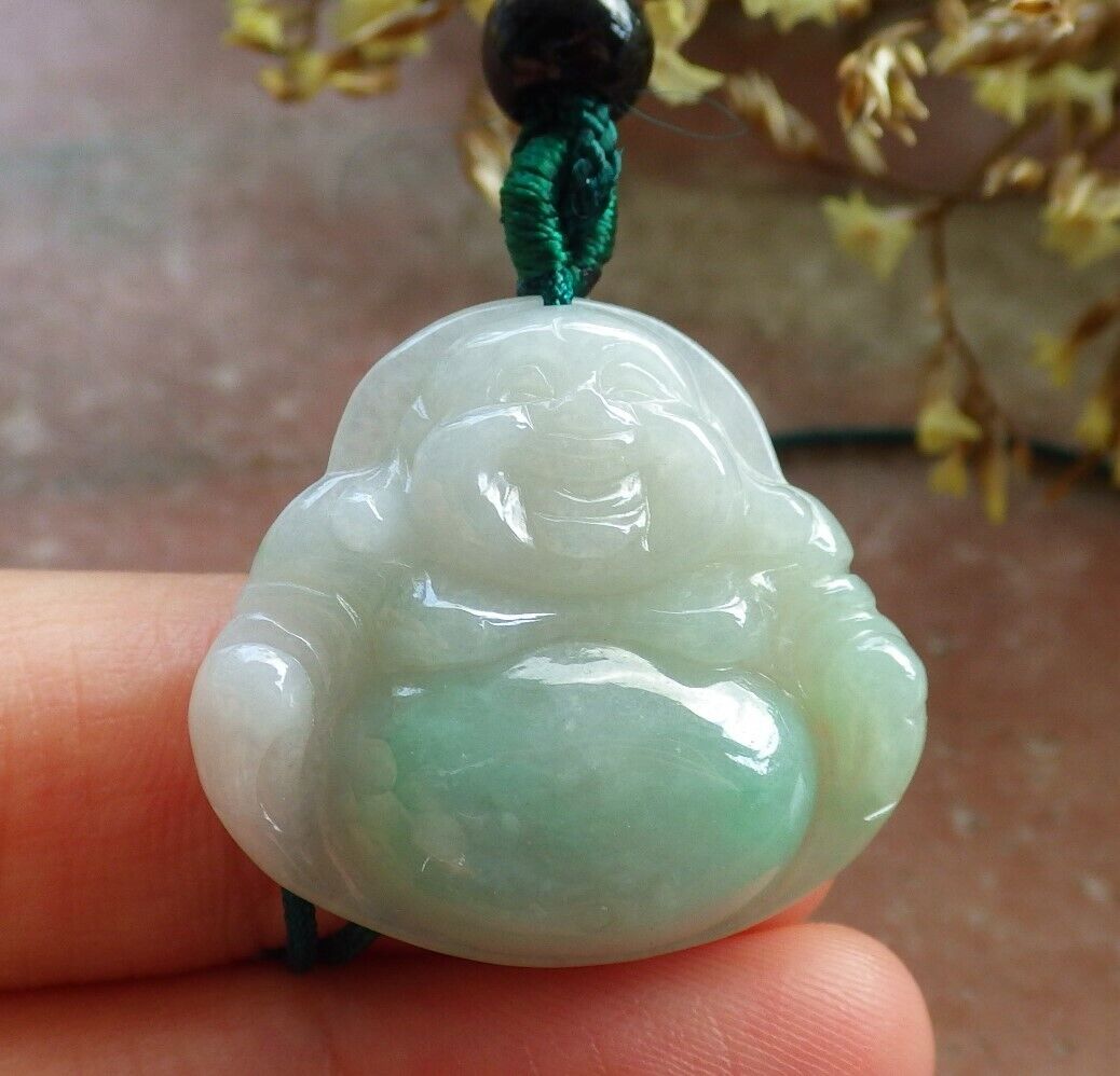Certified Icy Green 100% Natural A Jade jadeite pendant Happy Buddha God Necklace 开心佛 524358 TN
