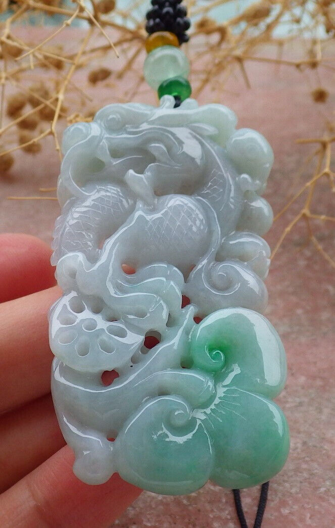 Certified Green Burma 100% Natural A Jade jadeite Pendant Dragon Ruyi Necklace 生意兴隆 636707 TN
