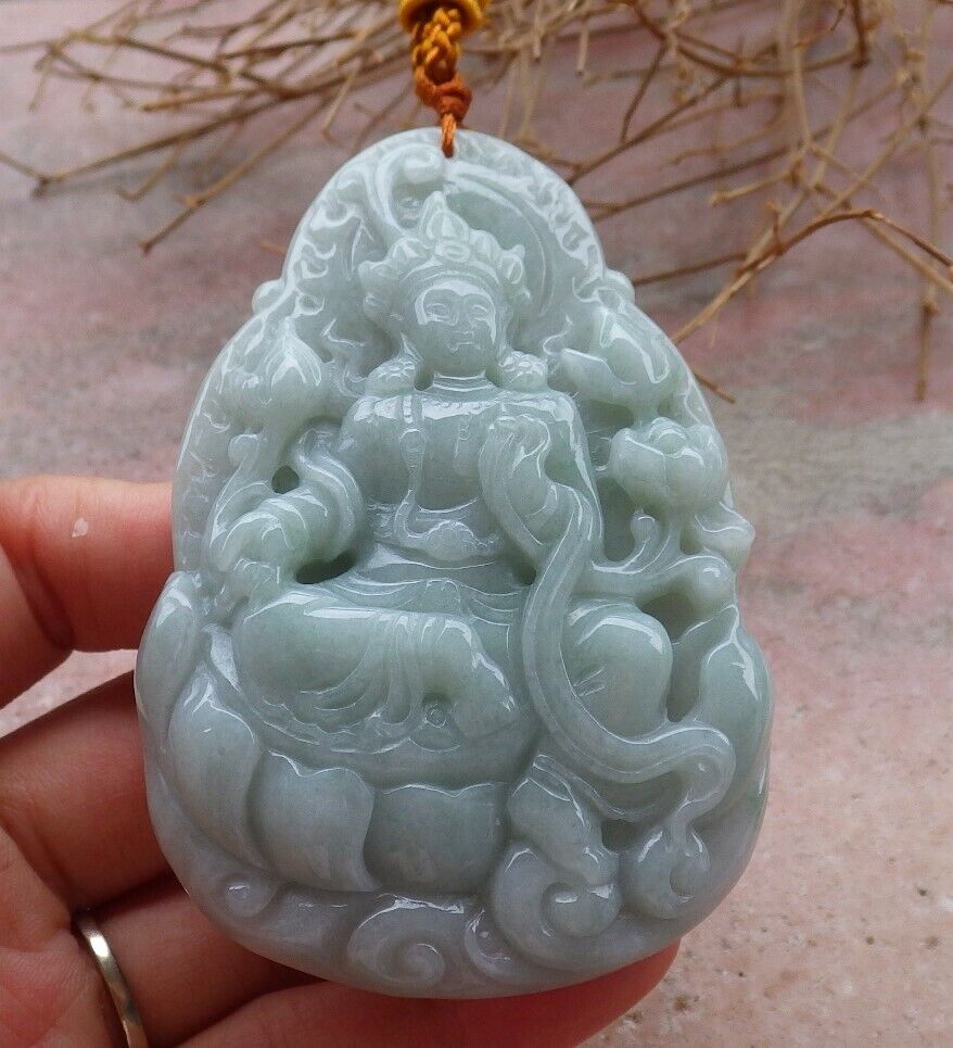 Certified Green 100% Natural A Jade jadeite pendant Guanyin Kwan Yin Lotus Flower Necklace 观音 519924 TN