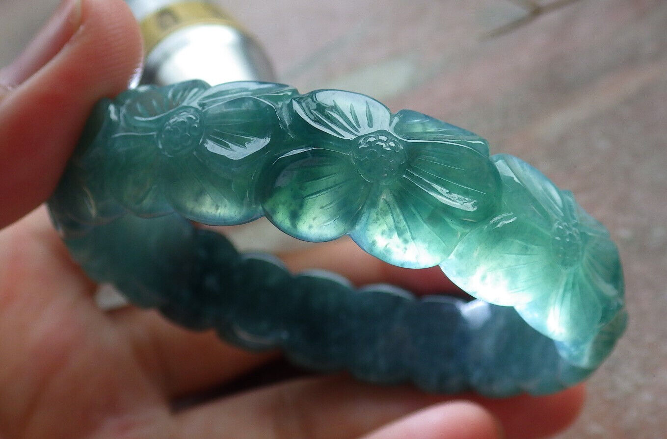Certified Icy Green Burma 100% Natural A JADE Jadeite Flower Bangle Bracelet 55 mm 635451 AS