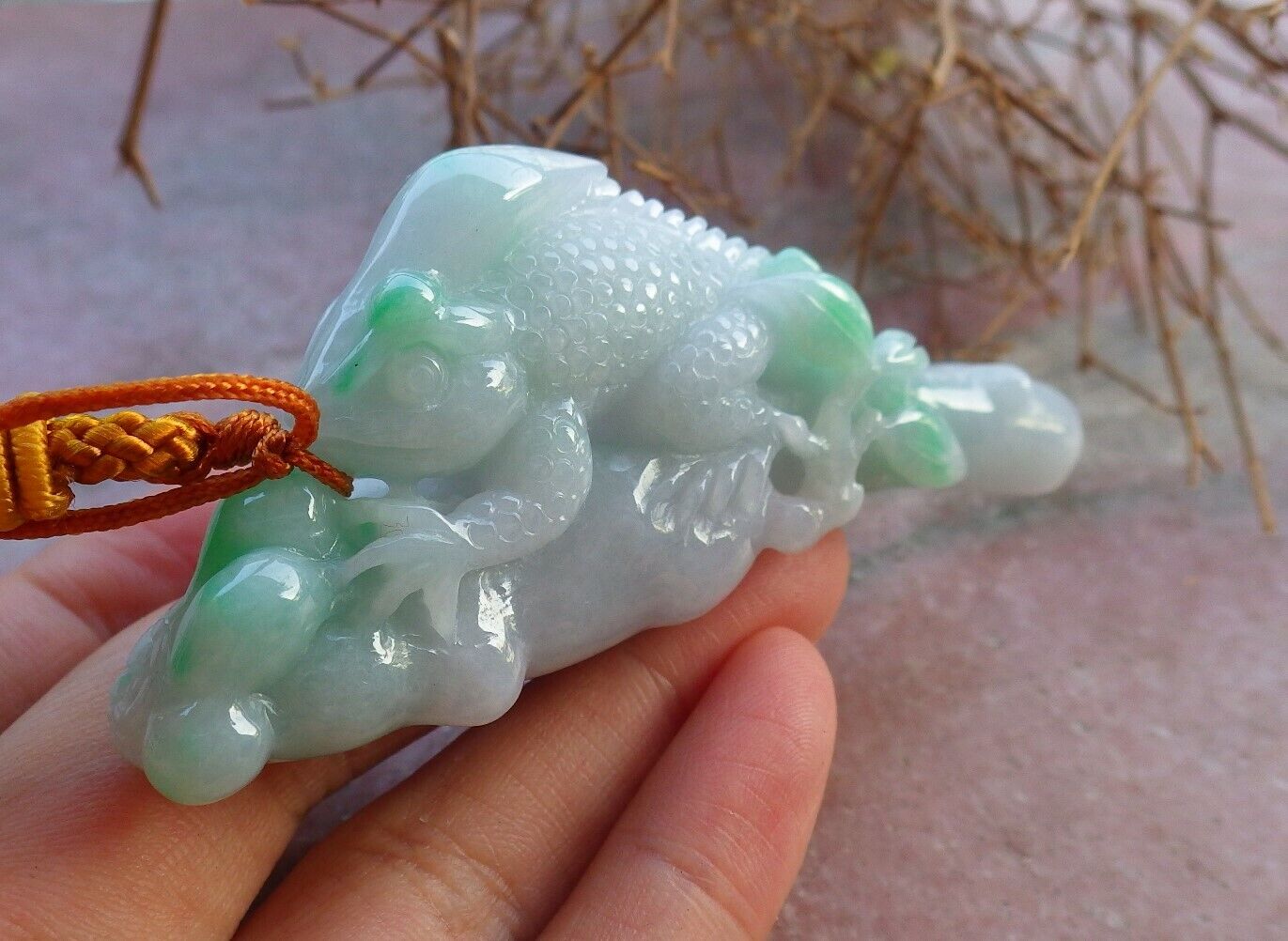 Certified Green 100% Natural A Jade jadeite Pendant Dragon Lizard Tree Leaf Necklace 龙蜥蜴 520041 TN