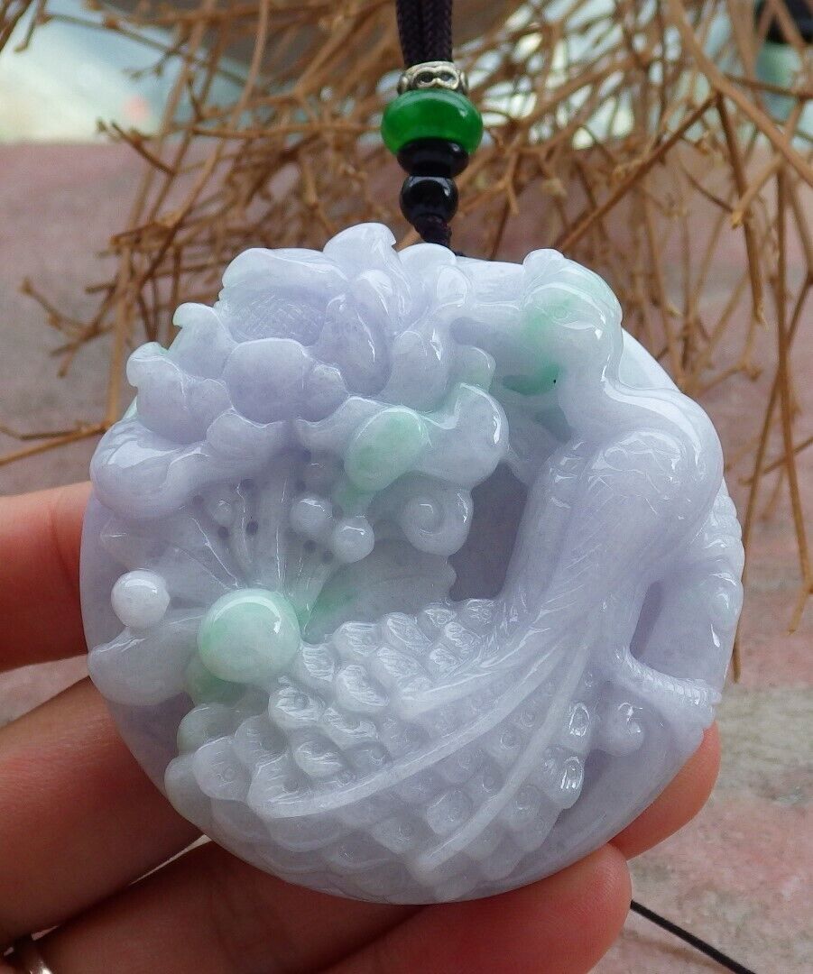Certified Green Pale Lavender 100% Natural A Jade jadeite Pendant Phoenix Peacock Flower Circle Necklace 孔雀 520800 **TN