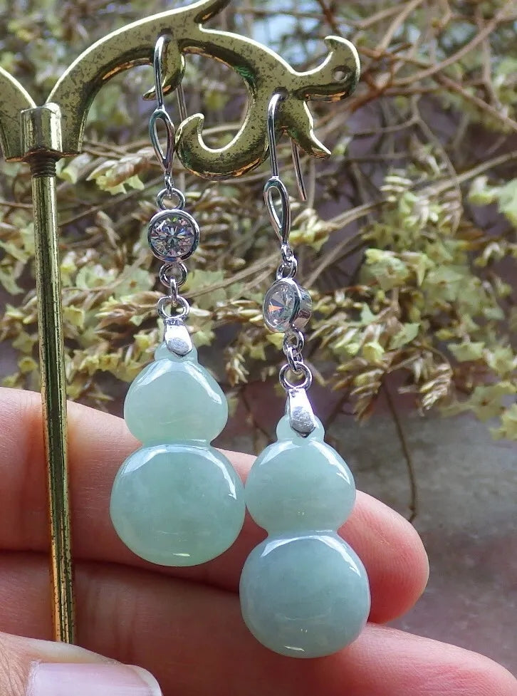 Certified Icy Green Sterling Silver 0.925 Natural A Jade jadeite Gourd Earrings Earring Dangle 耳环 524289 TN
