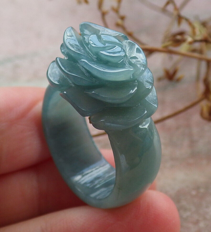 Certified Icy Green Burma 100% Natural A JADE Jadeite Rose Flower RING USA. 8.5 花戒指 634025 TN