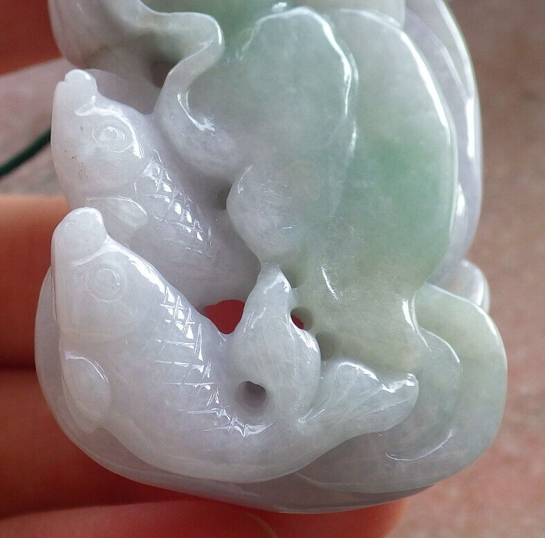 Certified Green Pale Lavender Burma 100% Natural A Jade jadeite Pendant Fish Lotus Flower Leaf Necklace 年年有余 646744 TN