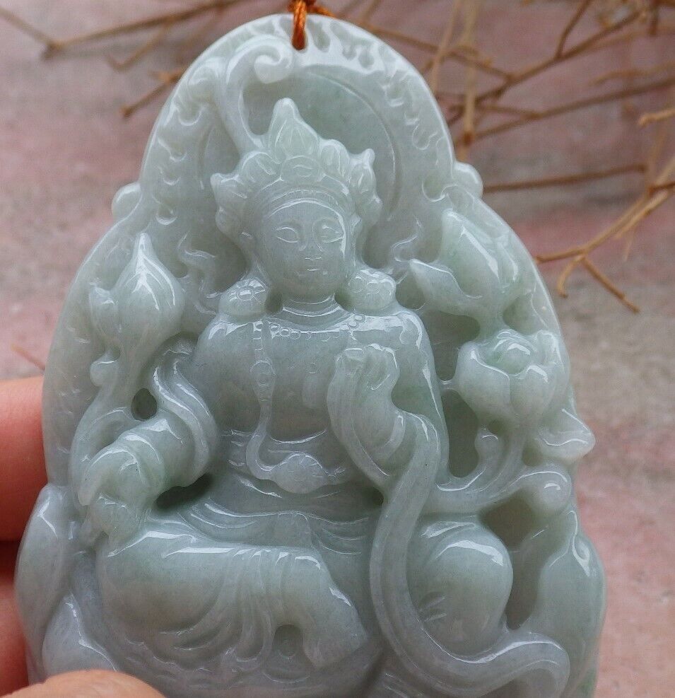 Certified Green 100% Natural A Jade jadeite pendant Guanyin Kwan Yin Lotus Flower Necklace 观音 519924 TN