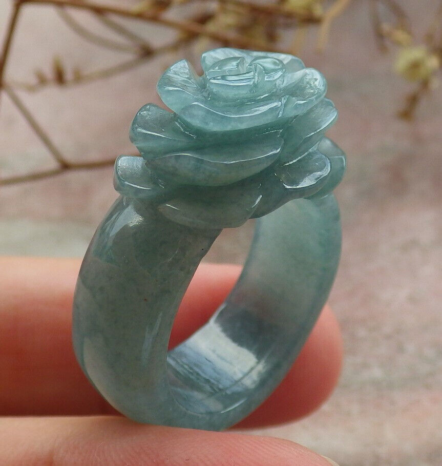Certified Icy Green Burma 100% Natural A JADE Jadeite Rose Flower RING USA. 8.5 花戒指 633926 TN